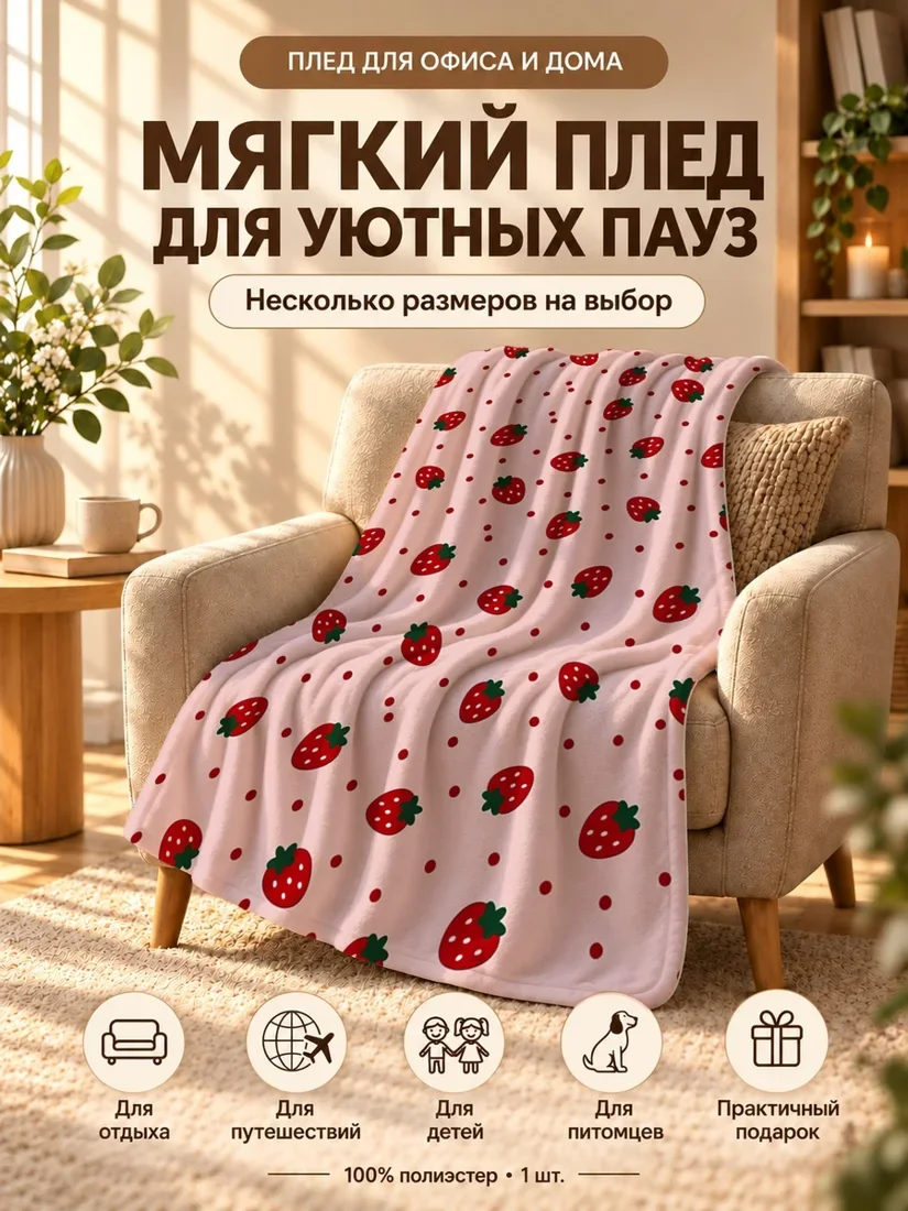 Плед с мультяшными красными клубничками и точками на светло-розовом фоне 80×120 см