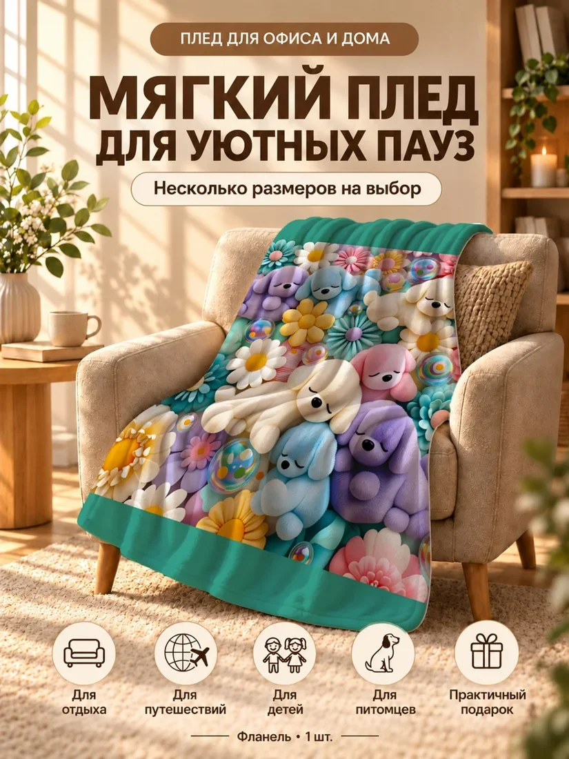 Плед с мультяшными собачками разных цветов и цветами на светлом фоне 80×120 см