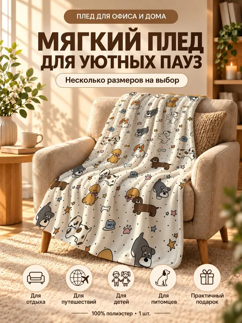 Плед с мультяшными собаками и звёздами на светло-кремовом фоне 100×150 см