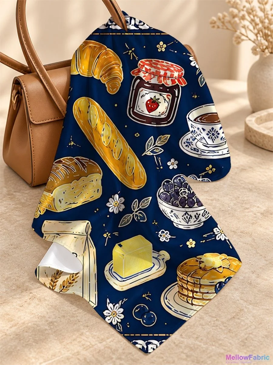 Платок женский с круассаном, колбасой и булочками 91×91 см