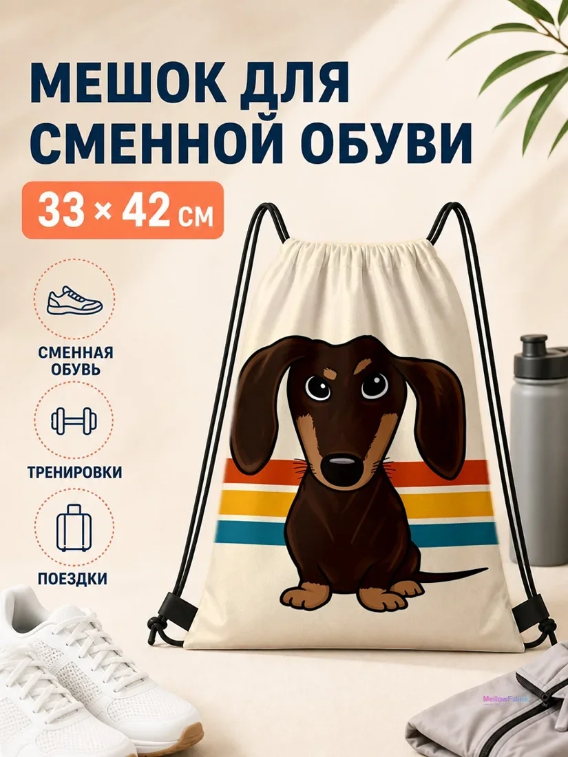 Мешок для сменной обуви с рисунком дашхунда 33×42 см