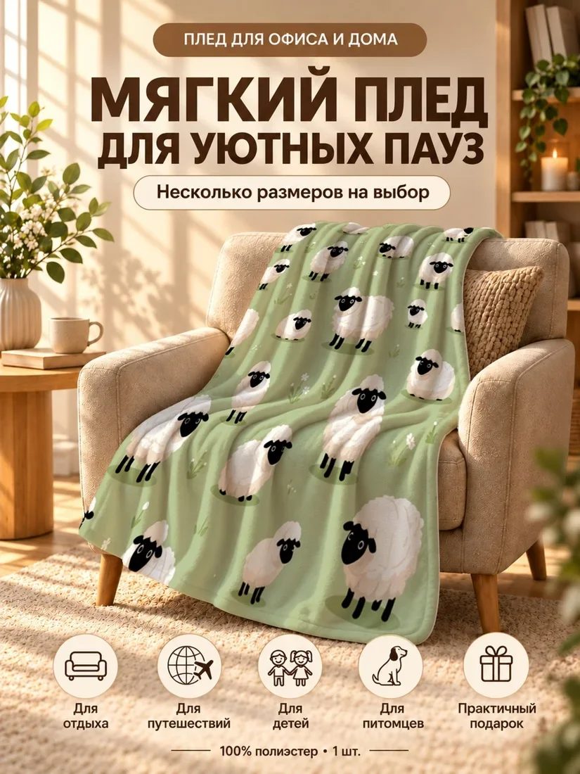 Плед с милыми овцами и цветами на светло-зеленом фоне 80×120 см