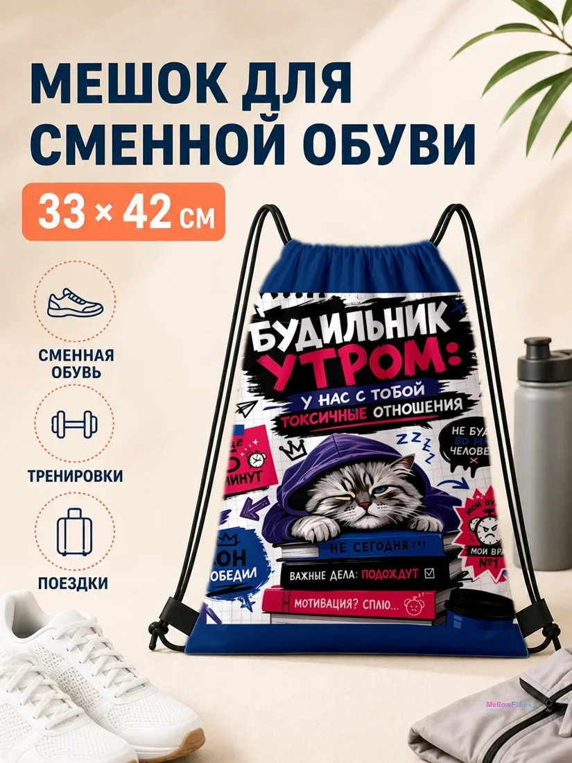 Мешок для сменной обуви с котом в капюшоне 33×42 см