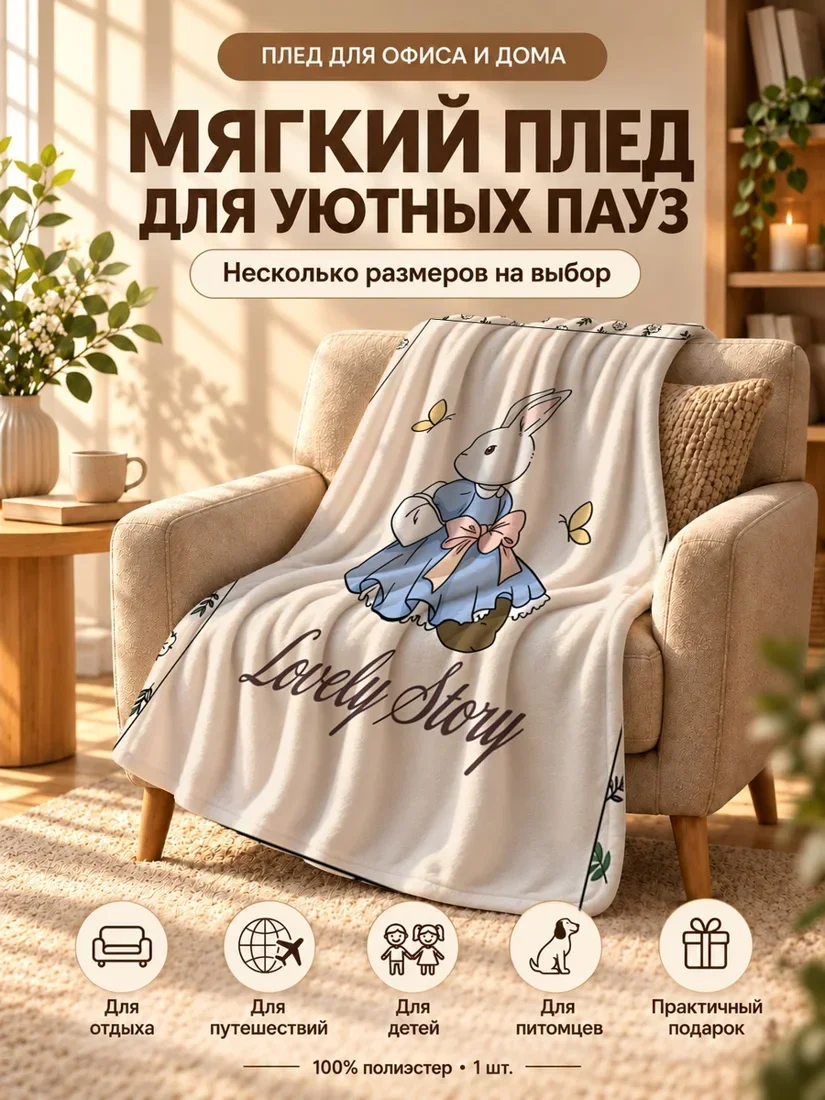 Плед с милым кроликом в синем платье и бантом на светло-бежевом фоне 80×120 см