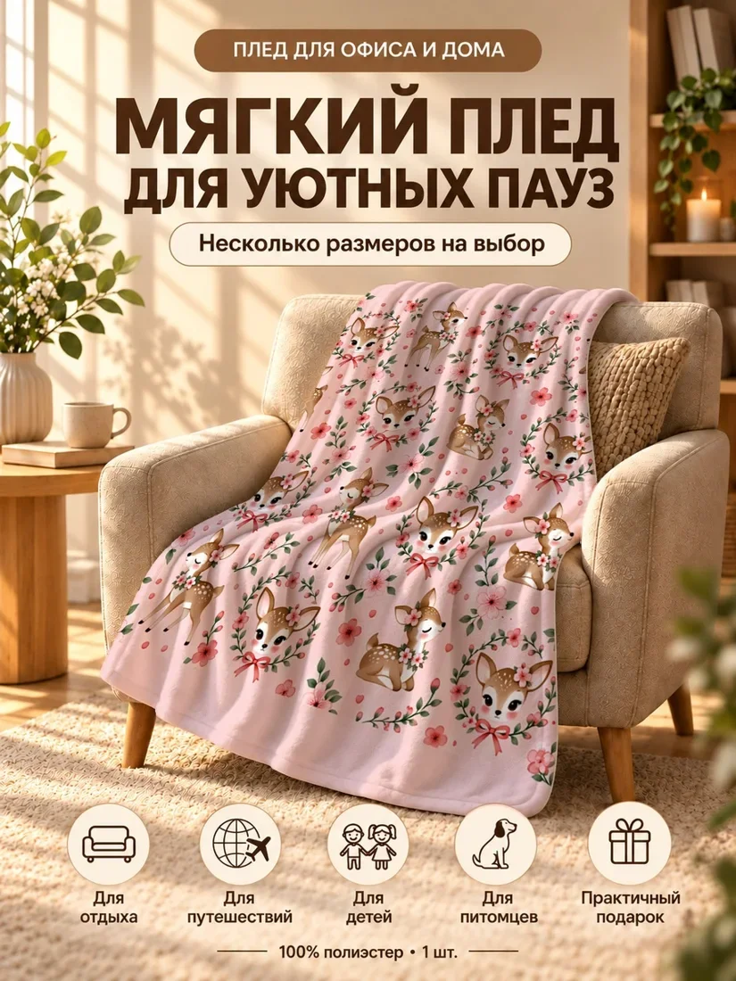 Плед с мультяшными оленями, цветами и ветвями на светло-розовом фоне 80×120 см