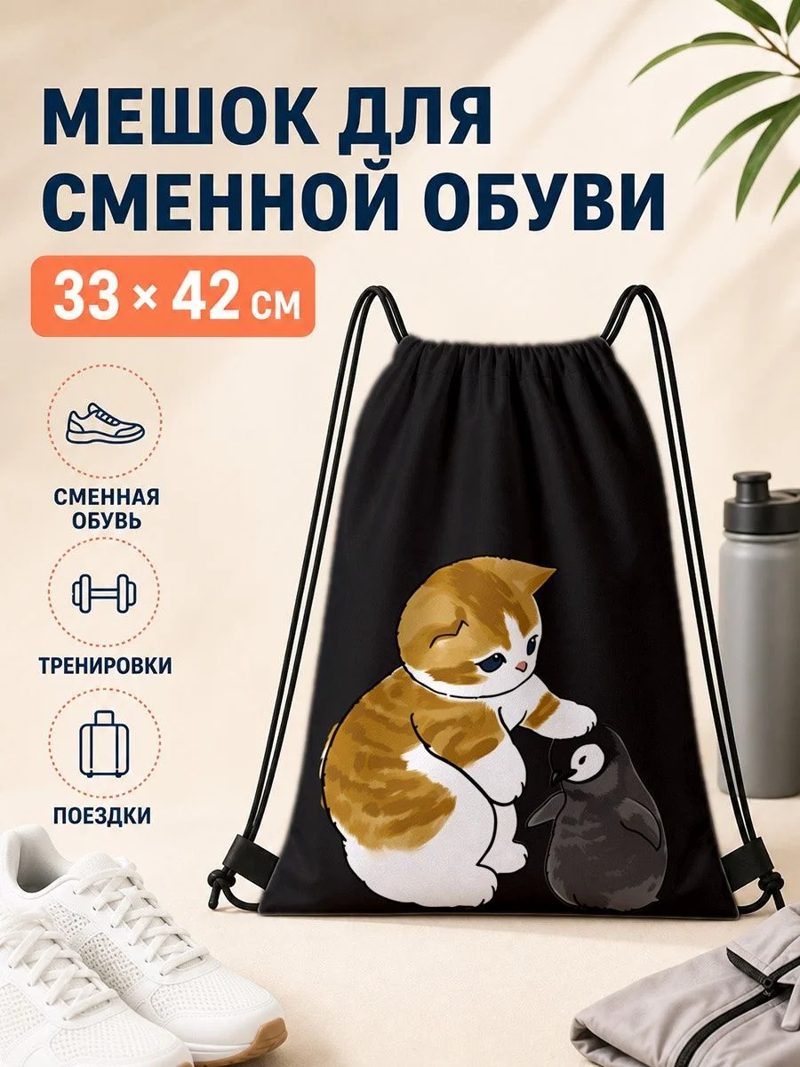 Мешок для сменной обуви с котом 33×42 см