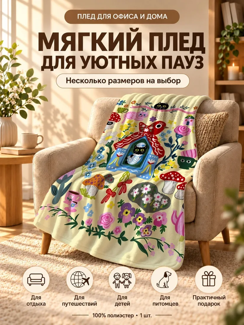 Плед с красной птицей, черным котом и цветами на светло-кремовом фоне 80×120 см