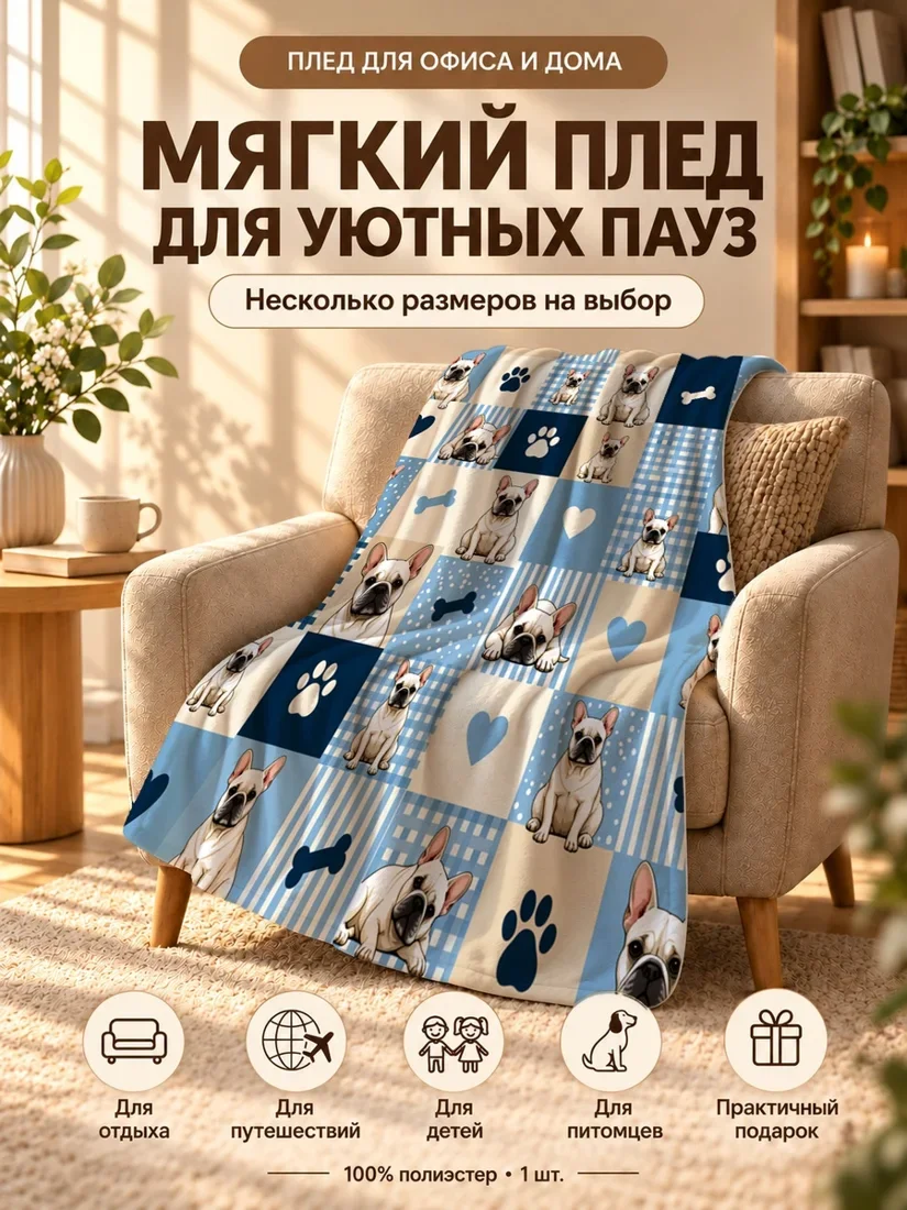 Плед с французскими бульдогами, лапами и костями в клетчатых и полосатых клетках на светло-бежевом фоне 80×120 см
