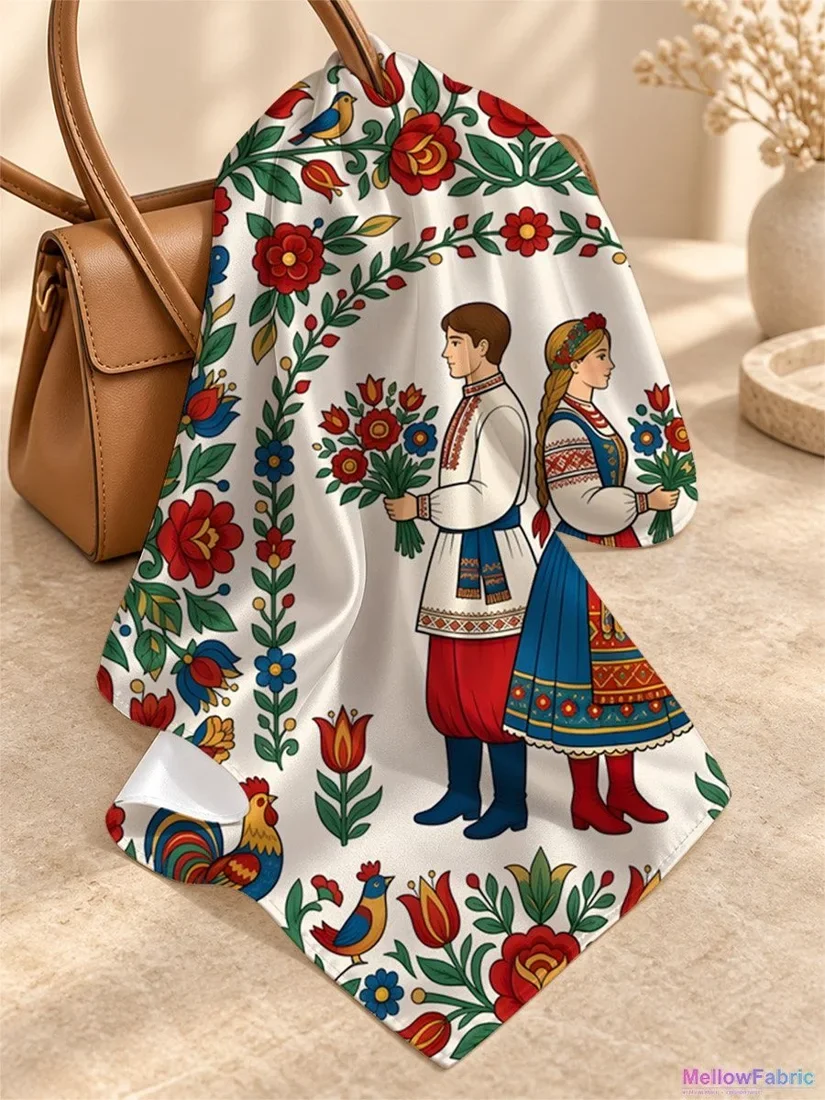 Платок женский с русскими девушкой, парнем и цветами 91×91 см