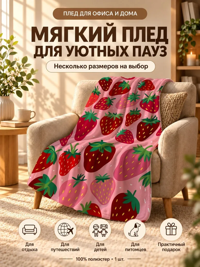 Плед с мультяшными красными и розовыми клубничками на светло-розовом фоне 80×120 см