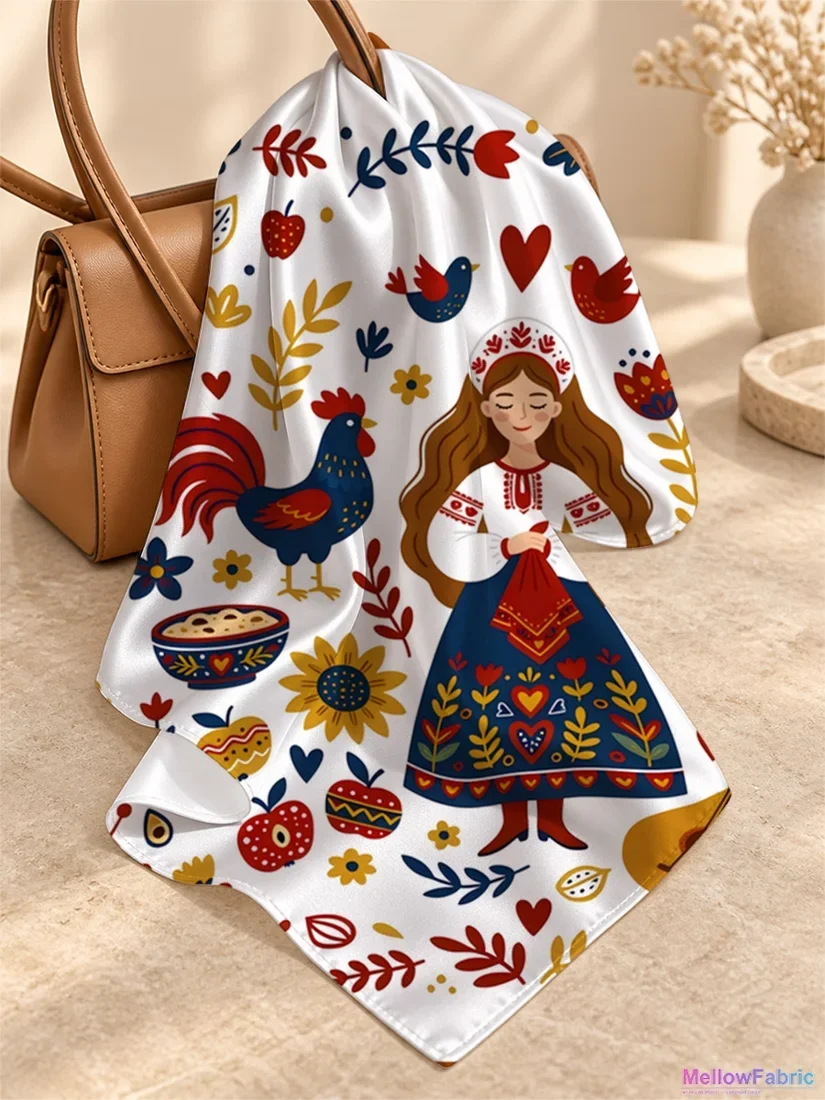 Платок женский с курицей, яйцами и цветами 91×91 см