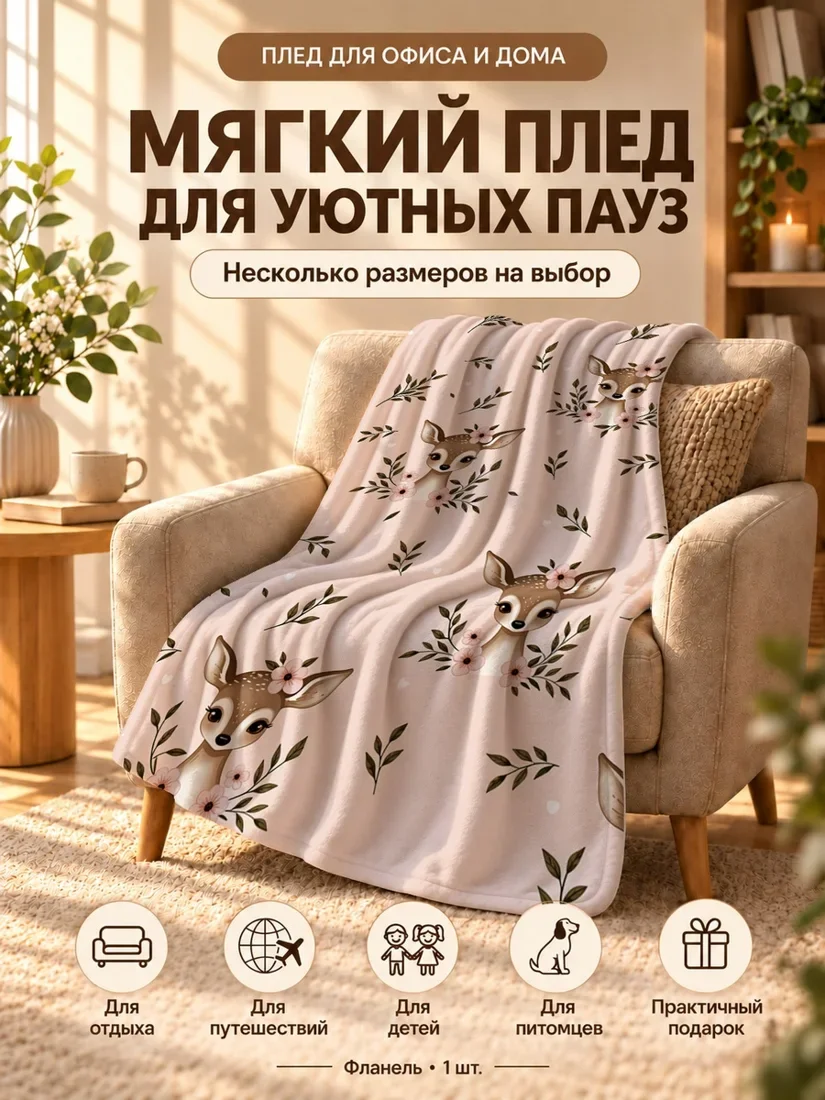 Плед с мультяшными оленями и цветами на розовом фоне 80×120 см