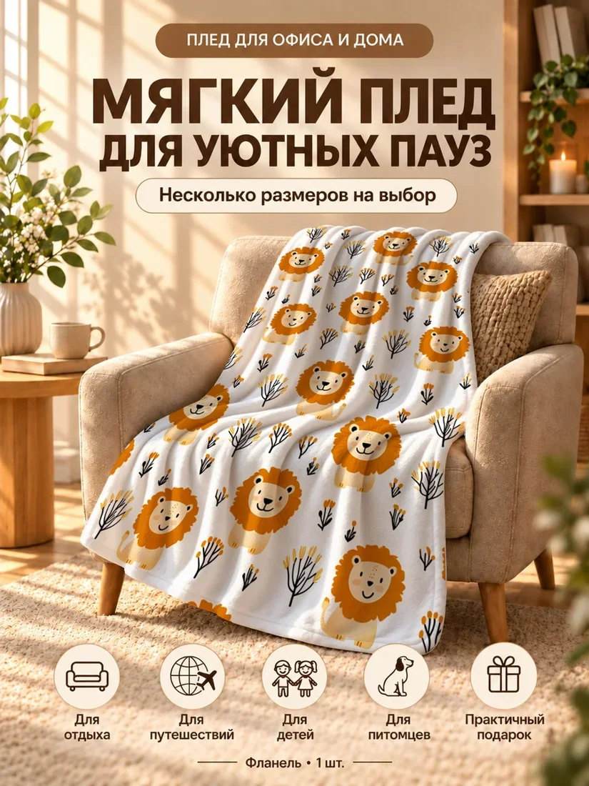 Плед с мультяшными львами и желтыми цветами на белом фоне 100×150 см