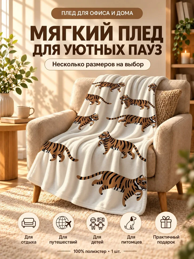 Плед с мультяшными рыси и черными полосами на светло-бежевом фоне 80×120 см