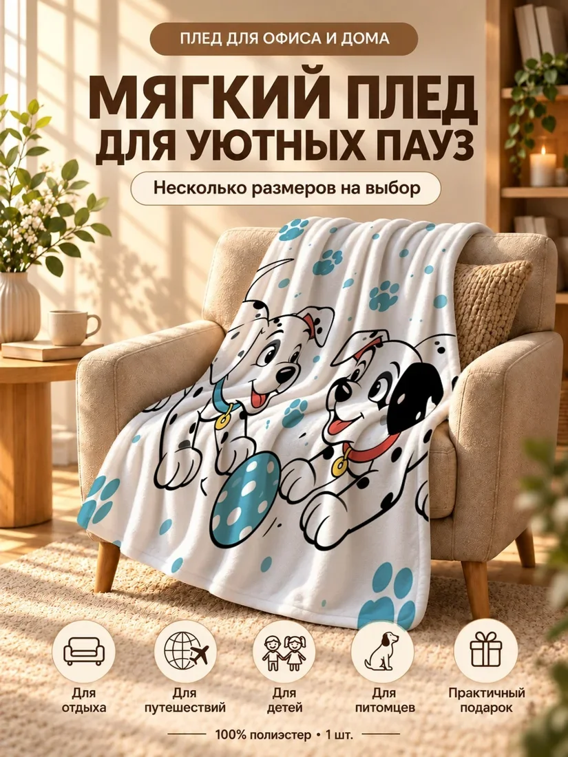 Плед с мультяшными спаниелями и синими лапами на белом фоне 80×120 см