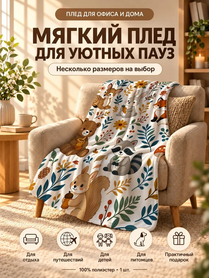 Плед с мультяшными зайцами, лисами и медведями на фоне с листьями и цветами 100×150 см