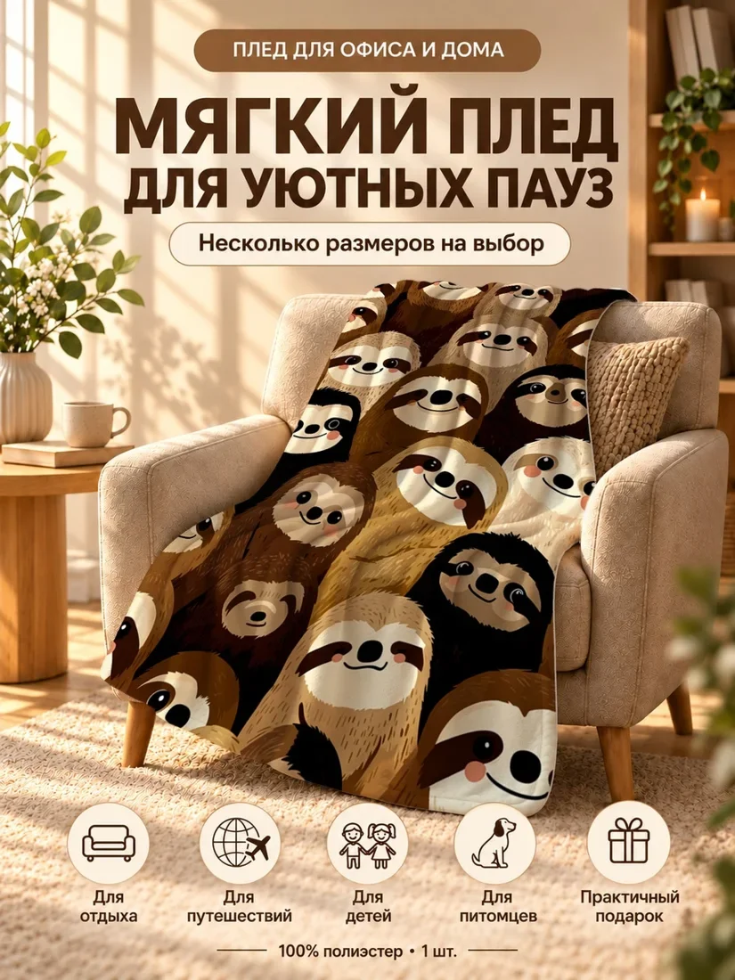 Плед с мультяшными ленивыми обезьянами и зелеными листьями на темном фоне 80×120 см