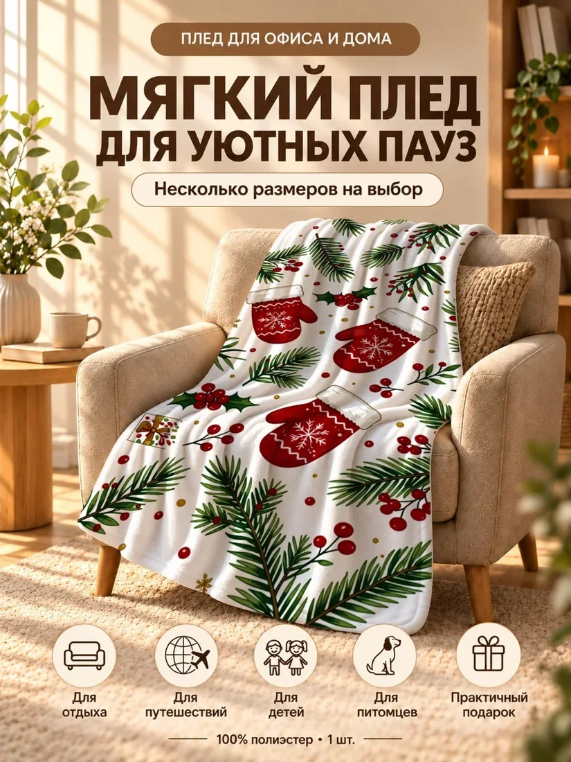 Плед с новогодними варежками, еловыми ветвями и ягодами на белом фоне 80×120 см