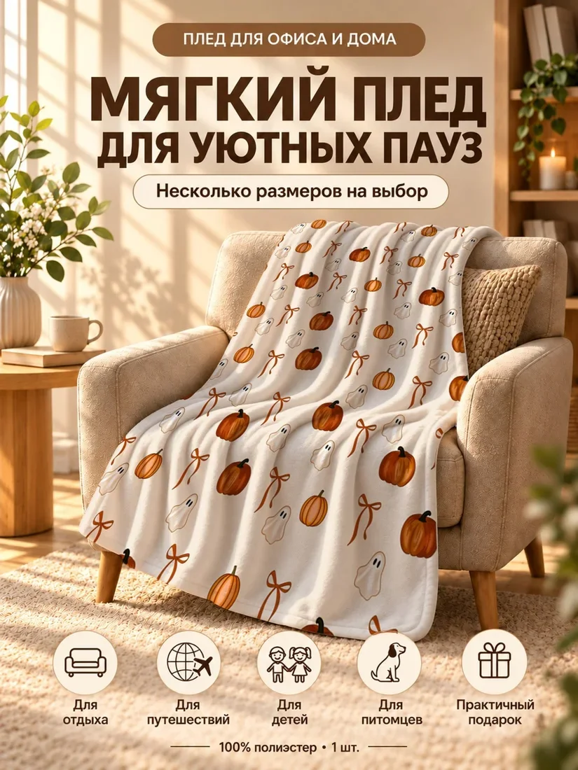 Плед с тыквой, привидением и бантами на светло-бежевом фоне 100×150 см