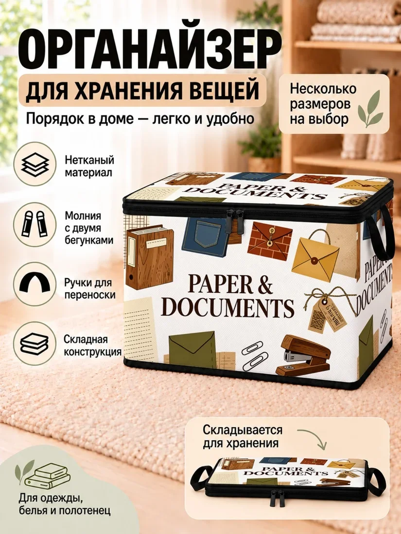 Органайзер для хранения вещей с изображением документов и папок для одежды и белья