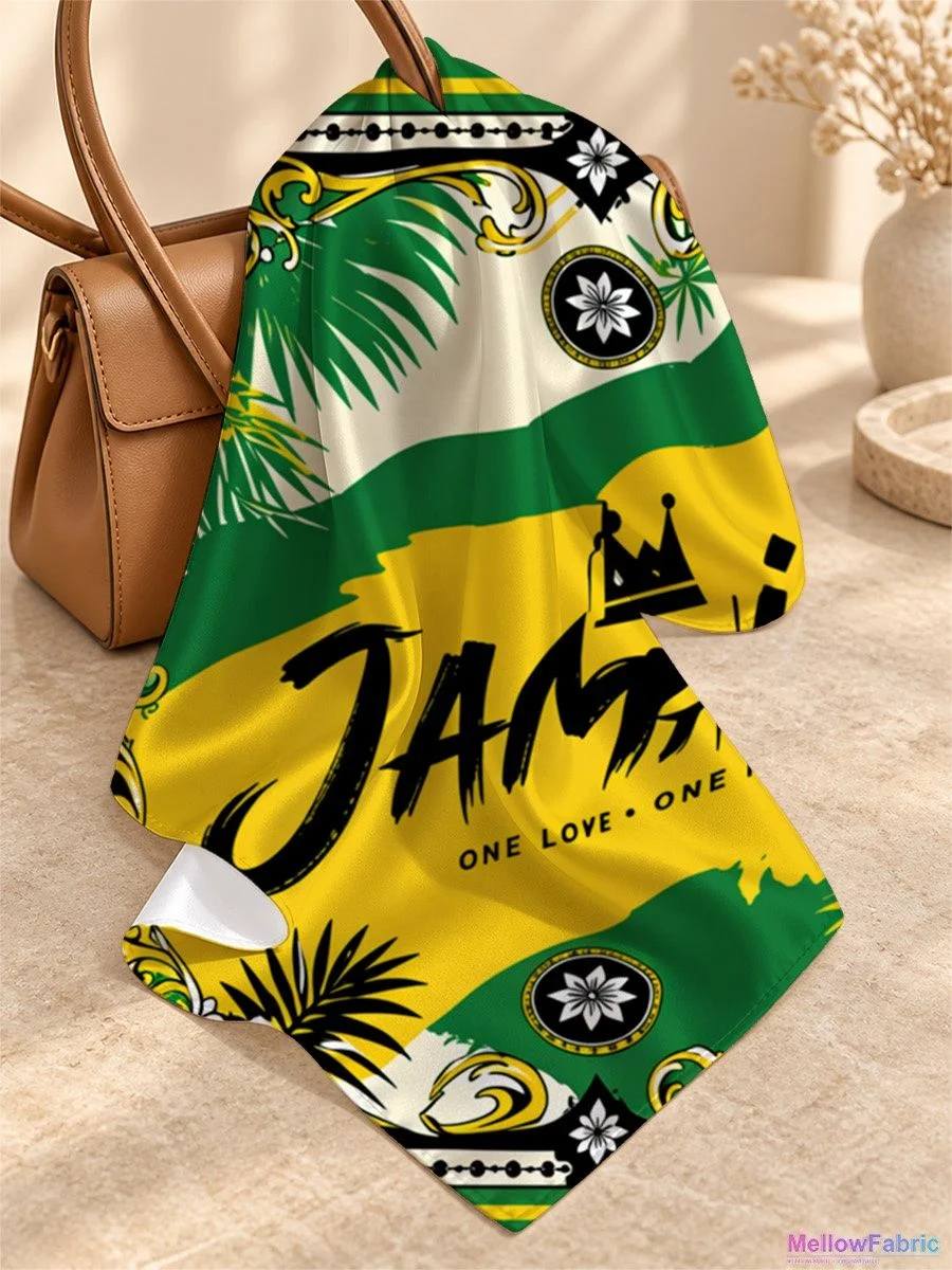Платок женский с надписью Jamaica и пальмами на зелёном фоне 91×91 см