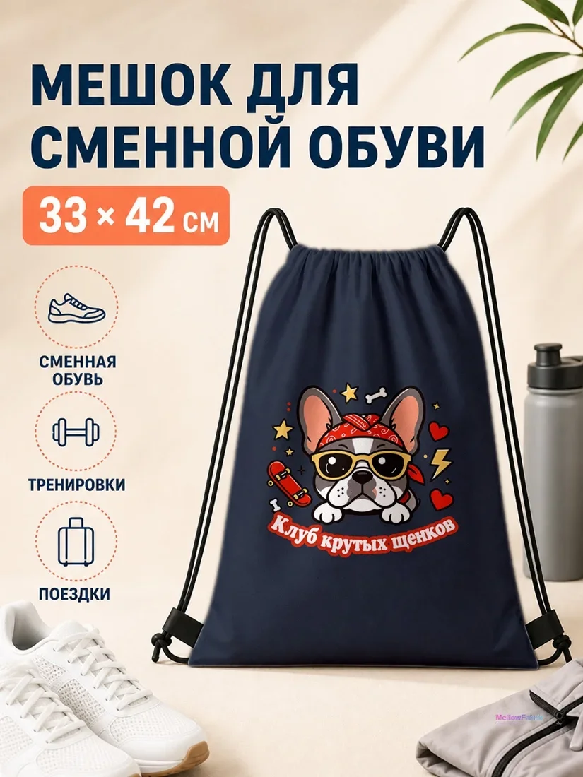 Мешок для сменной обуви с крутым щенком и скейтбордом 33×42 см
