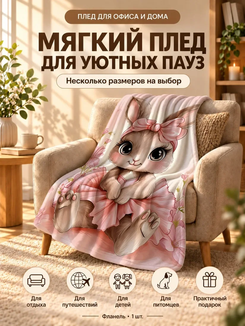 Плед с мультяшным кроликом в розовом платье и банте на светлом фоне 100×150 см