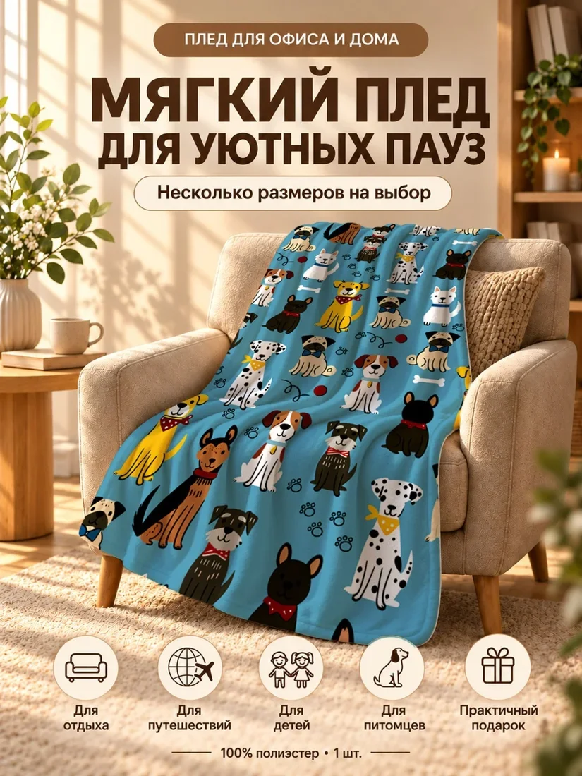 Плед с мультяшными собаками в разных позах на светло-голубом фоне 80×120 см