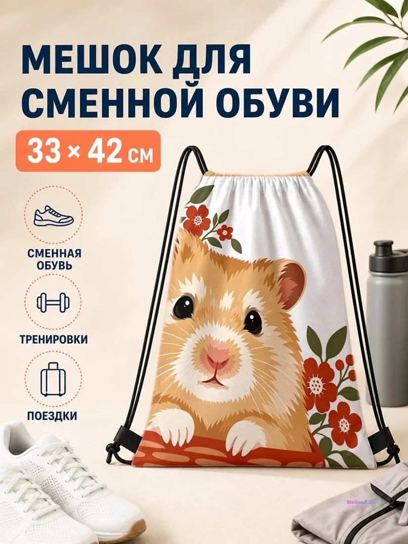Мешок для сменной обуви с хомяком и цветами 33×42 см
