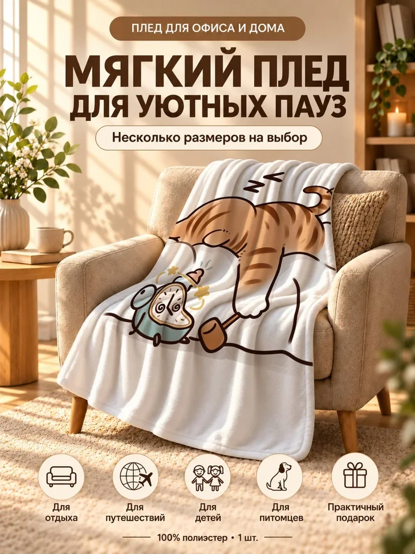 Плед с спящим котом и будильником на светлом фоне 100×150 см