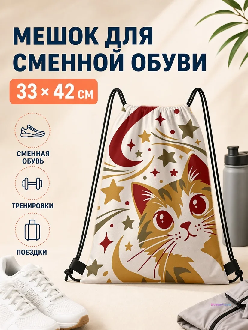 Мешок для сменной обуви с рыжим котом и звездами 33×42 см