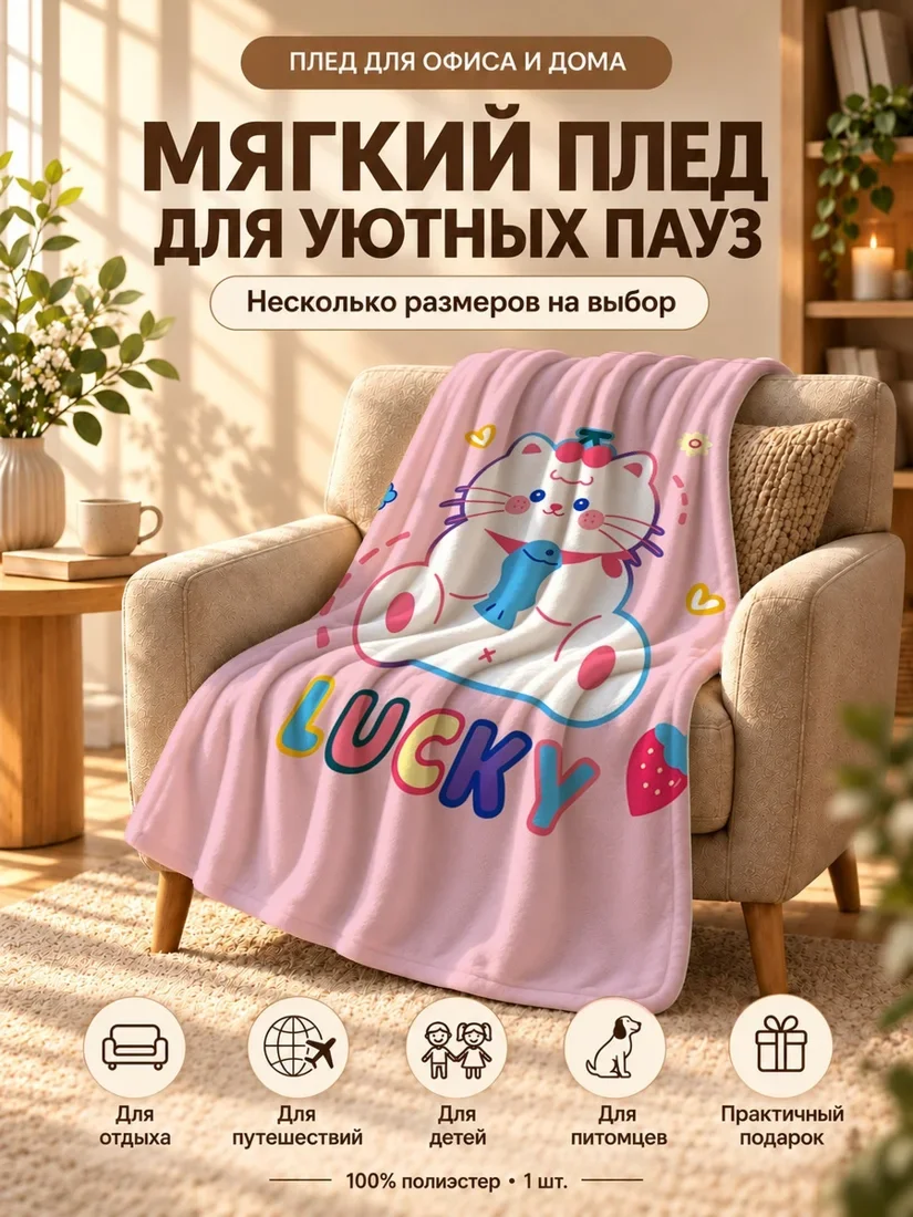 Плед с милым белым котом, держащим рыбу на светло-розовом фоне 80×120 см