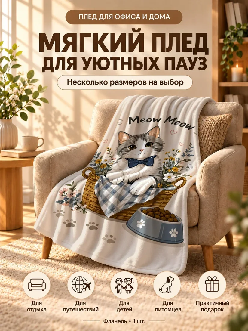 Плед с мультяшной котенком в корзине с цветами и надписью 100×150 см