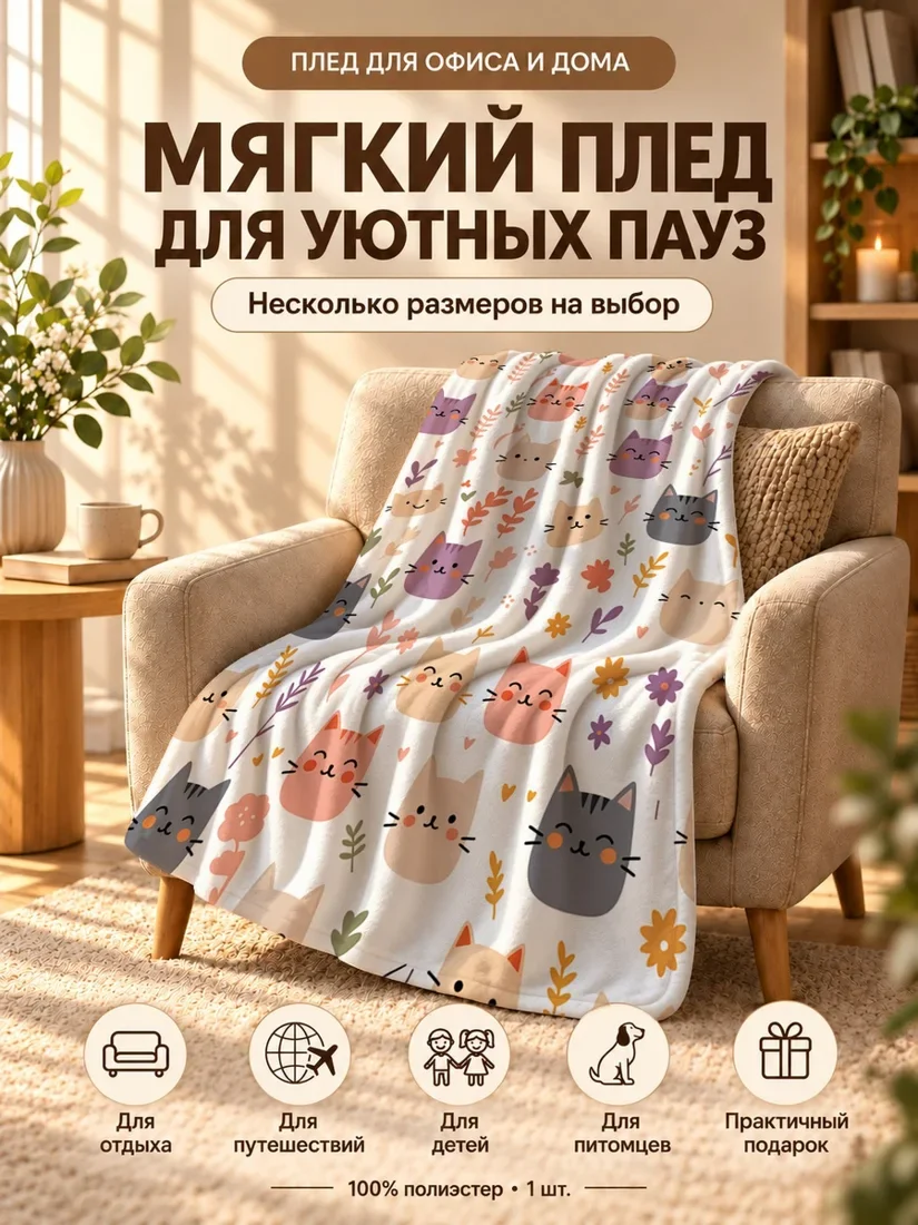 Плед с мультяшными разноцветными котами и цветами в теплых тонах 100×150 см
