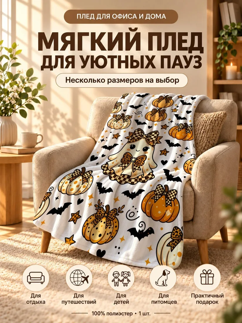 Плед с мультяшным привидением в банте и тыквами на фоне с летучими мышами 80×120 см