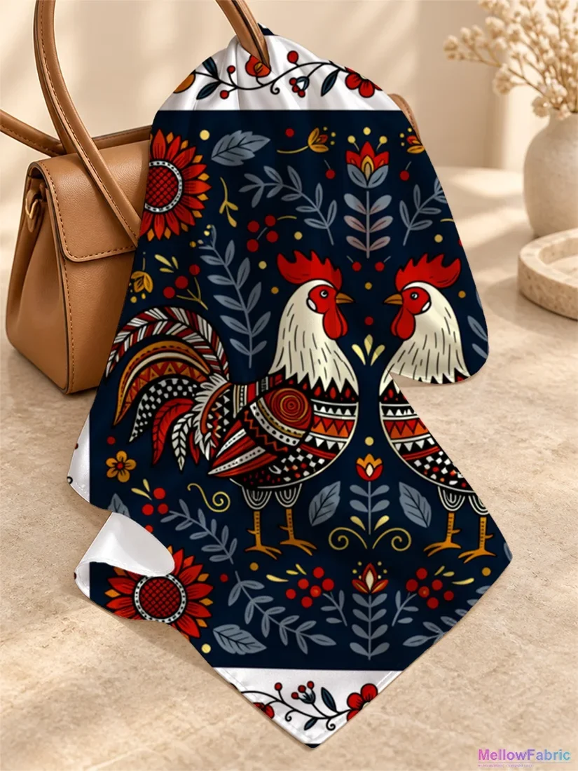 Платок женский с петухами и подсолнухами 91×91 см