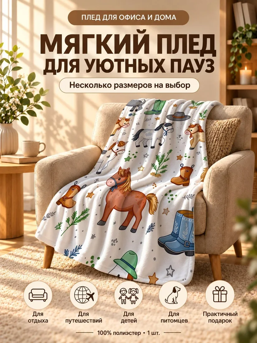 Плед с лошадьми, сапогами и звездами на светлом фоне 100×150 см