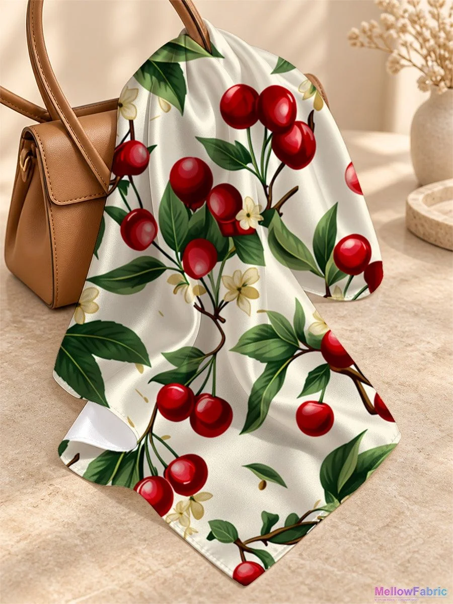 Платок женский с вишнями и листьями 91×91 см