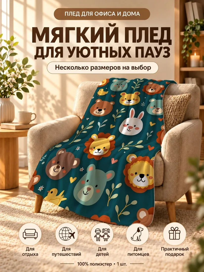 Плед с милыми мультиками медведями, львами и зайцами на темно-зеленом фоне 80×120 см