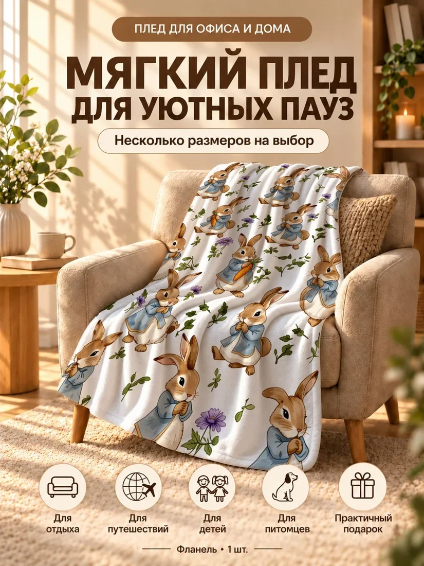 Плед с мультяшными кроликами в синей рубашке с морковкой на светлом фоне 80×120 см