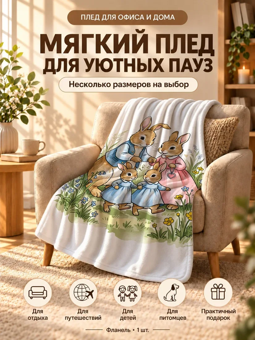 Плед с мультяшными кроликами-семьей в одежде на зеленом фоне 100×150 см