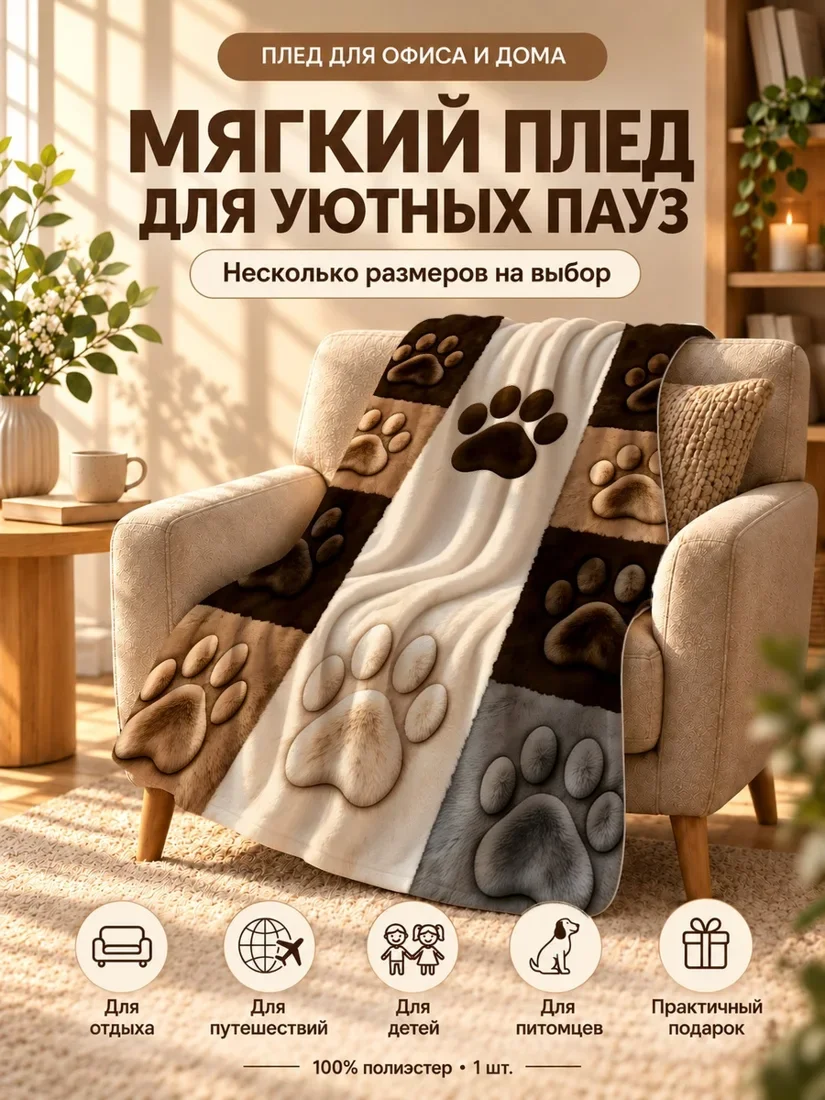 Плед с реалистичными лапами животных на фоне с разной текстурой 100×150 см